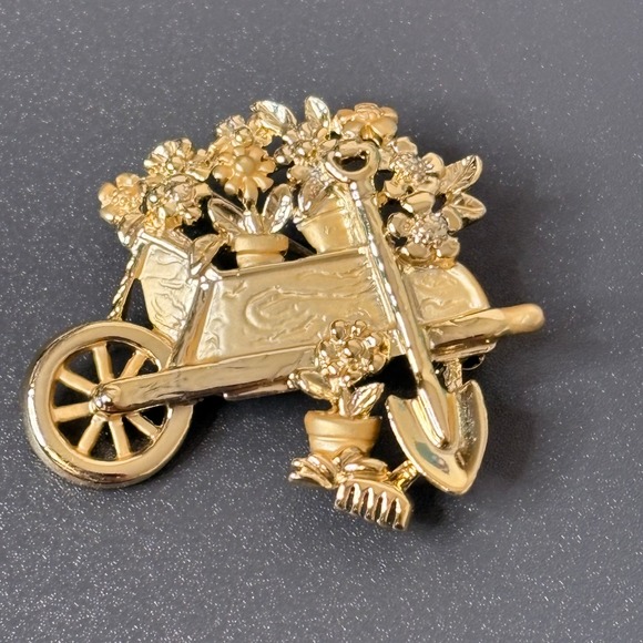 Ajc Jewelry - AJC Brooch Pin Women OS Gold Excellent Garden Wheelbarrow Flowers Shovel Rake